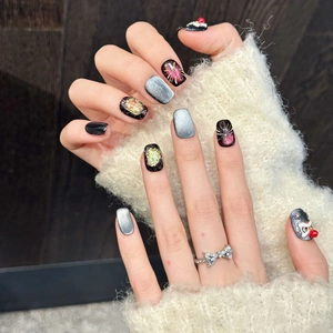 Handmade short square press-on nails with glitter fireworks and 3D cat-eye nail art