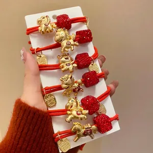 Élastiques À Cheveux Rouges Avec Breloques De Cheval Du Zodiaque En Alliage Et Strass Rouges Style Chinois