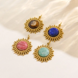 Pendentif soleil vintage en acier inoxydable 14K avec pierres colorées