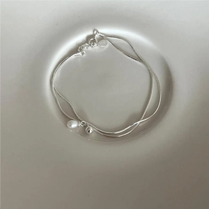 S925 sterling silver double-layer snake chain bracelet with pearl and silver bead charms