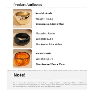 Specifications of resin and acrylic geometric round bangles with weight and size details