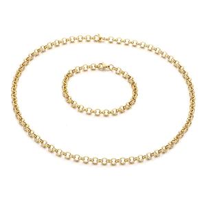 Elegant gold titanium steel necklace and bracelet set with round link chain on white background