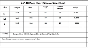 Size guide for the short-sleeve polo shirt with measurements for S, M, and L in centimeters