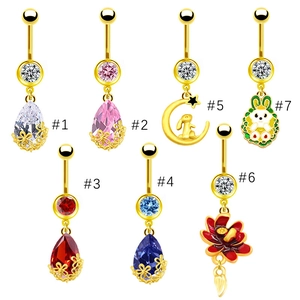 Anelli Ombelico Vintage in Lega di Zinco Oro Strass Colorati Goccia d'Acqua Fiore Luna Coniglio Gioielli per Piercing da Donna