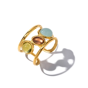 Vintage gold plated stainless steel ring featuring three colorful oval natural stones