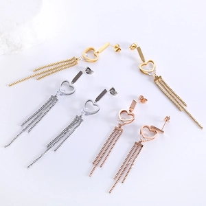 Polished stainless steel long tassel earrings with hollow heart and inset zircon stone