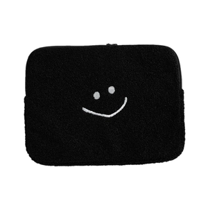 Housse de protection en peluche noire avec broderie smiley pour iPad et ordinateurs