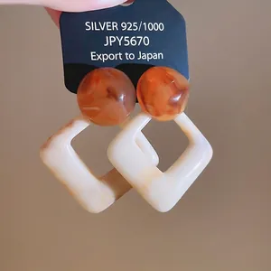 Amber and cream marble resin square drop earrings with S925 silver needles for women