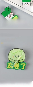 Detail showing 4cm acrylic cartoon vegetable badge with protective film and dual-layer craft