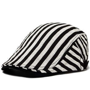 Vintage Striped Beret Cotton Linen Duckbill Cap For Men Women Breathable Newsboy Cap Adjustable Spring Summer Sun Hat