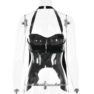 Rear view of black PU leather halter top featuring backless design and slim fit cut