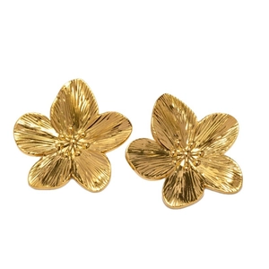 Elegant gold flower stud earrings with detailed brushed metal texture on white background