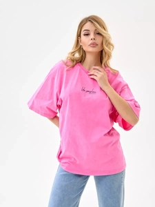 Damen Baumwolle Oversized T-Shirt Gewaschenes Rosarot Like Sunshine Buchstabendruck Retro Drop Shoulder Rundhals Lässiges Oberteil