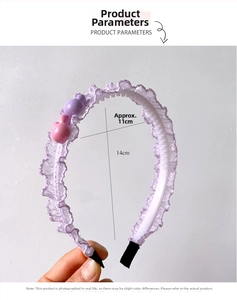 Detail showing dimensions of purple lace headband with cute 3D bunny ornament for girls