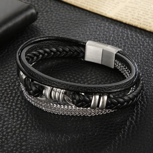 Men's multilayer braided leather bracelet with stainless steel magnetic clasp in silver and black