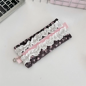 Detailed close-up of quilted floral pencil case with lace trim and flower zipper charm