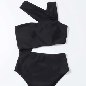 Chic black one-shoulder cutout monokini with a sleek asymmetrical design for women