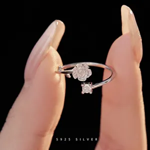 925 Sterling Silver Camellia Flower Ring Open Adjustable Asymmetric Cubic Zirconia Elegant Simple Jewelry For Women