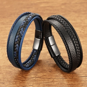 Men's multilayer braided leather bracelets with black magnetic clasps in blue and black