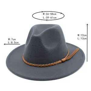 Detailed size chart for grey wool fedora hat with brown leather band dimensions