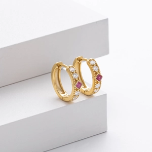 Elegant S925 silver hoop earrings with red square gemstone and white cubic zirconia