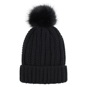 Close-up of black knit beanie featuring a fluffy faux fur pom-pom and thick ribbed texture