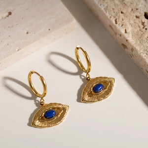 18K gold plated stainless steel eye-shaped earrings set with blue lapis lazuli stones