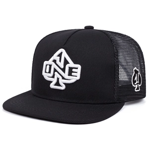 Adjustable black trucker hat with white 1ONE embroidery and breathable mesh back