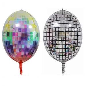 Mirror 4D disco ball foil balloons in holographic gradient and silver checkered patterns