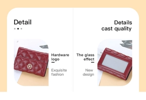 Detail view of burgundy quilted leather card holder with metal logo and clear ID window
