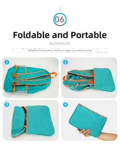 Four-step diagram showing the folding process of the lightweight blue outdoor backpack