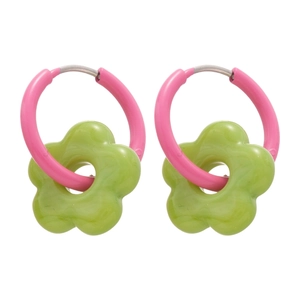 Pink hoop earrings with translucent green flower pendants in a minimalist floral design