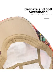 Detail view of the cotton sweatband and British plaid fabric inside the beret hat