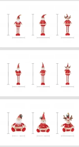 Size comparison of Christmas plush Santa, snowman, and reindeer figurines in red and gold