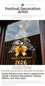 Detailaufnahme der Fensteraufkleber mit goldenem Rentier-Weihnachtsbaum und Schneeflocken-Design