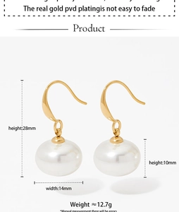 Detail view of gold PVD plated stainless steel hook earrings with white pearls and dimensions