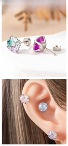 Detailed view of titanium steel screw stud earrings with firework cut gradient zircon