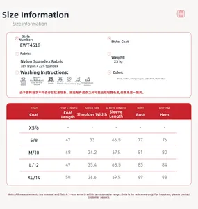 Size chart detail for yoga jacket with flared sleeves and polyamide elastane fabric