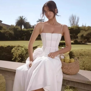 White Spaghetti Strap Maxi Dress Polyester High Waist Lace Trim Corset Style A Line Elegant Solid Long Summer Casual Women