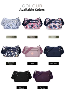 Grid view of multi-compartment nylon crossbody bags in various colors and floral patterns