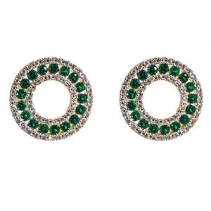 Golden geometric circle stud earrings with emerald zircon and pavé white diamonds