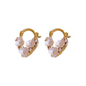 Sweet golden flower hoop earrings with white shell petals and sparkling zircon accents