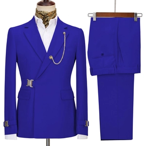 Men's royal blue double-breasted two-piece suit with blazer and matching trousers