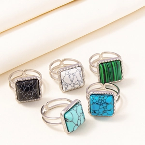Set of five adjustable rings with square marble and malachite pattern stones
