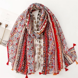 Bohemian Ethnic Floral Print Scarf Shawl Lightweight Polyester Tassel Vintage Exotic Beach Sunscreen Wrap For Women