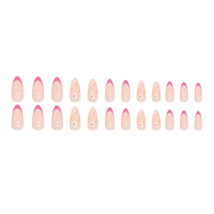 24 Stück französische mandelförmige Press-On-Nägel in Rosa mit Goldfolie und Blumen