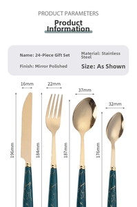 Detailed size specifications for 24-piece stainless steel marble texture cutlery set