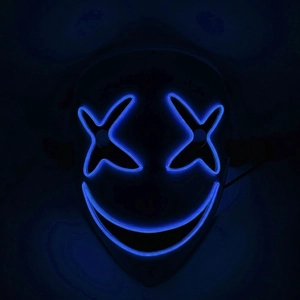 Detail showing blue LED EL wire X-shaped glowing eyes and smiling mouth on black mask