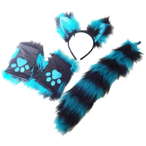 Blue and black plush fox cosplay set with faux fur ears headband tail and paw gloves