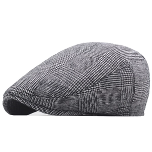 Classic grey plaid newsboy flat cap for men with premium textured houndstooth fabric